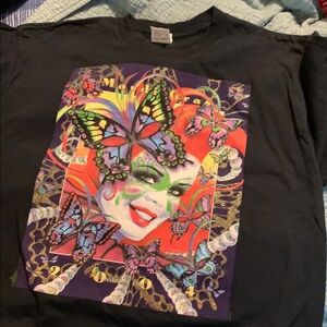 Vintage Maradi Gras Black Graphic T-Shirt with Colorful Butterfly Design